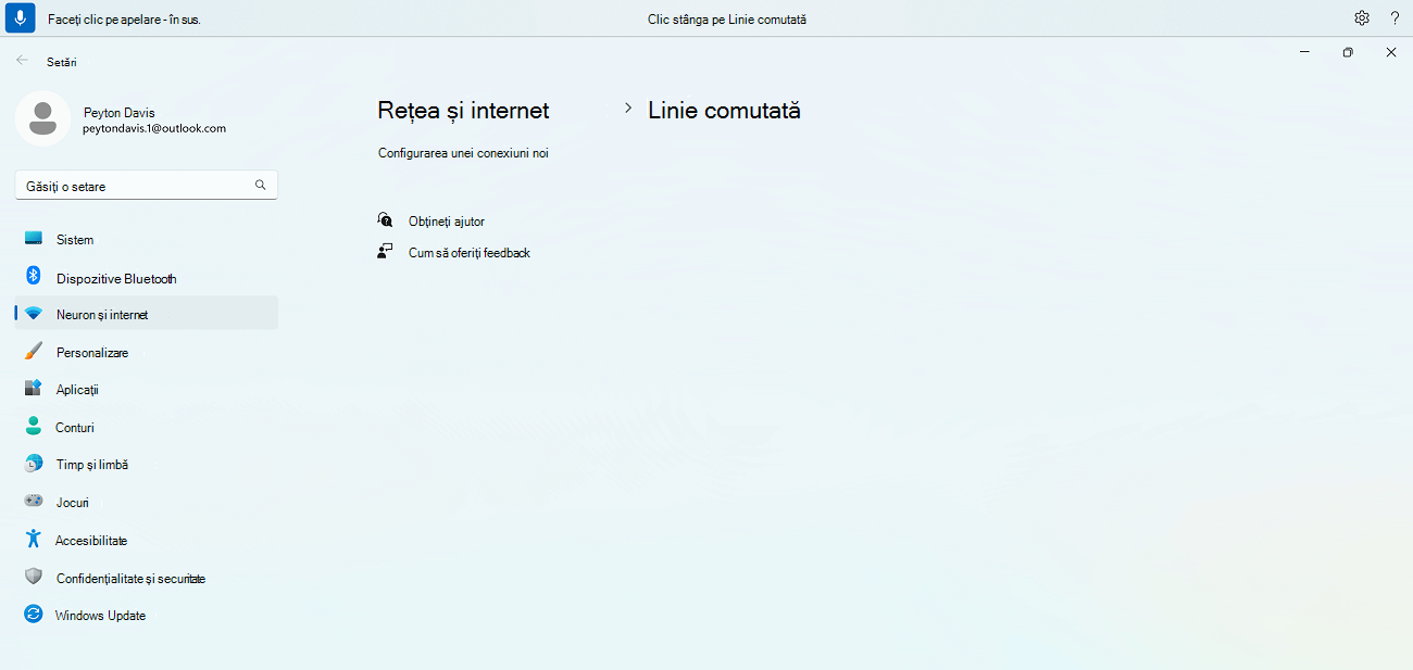 Un exemplu de comandă de acces vocal pentru a găsi elemente cu caractere speciale în nume, afișând comanda de acces vocal pentru setarea Windows dial-up.