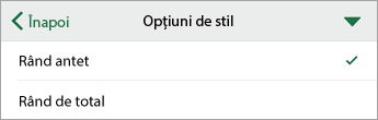 Comanda Opțiuni stil, cu Rând antet selectat