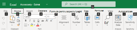 Sfaturi despre tastele Tabulator de panglică în Excel pentru web.