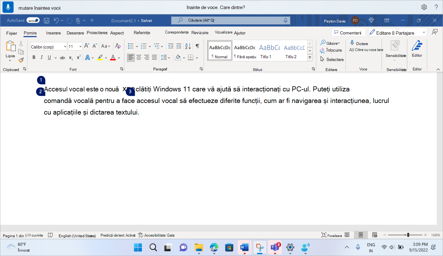 Un document Word care afișează comanda de acces vocal pentru a plasa focalizarea înaintea vocii Word.