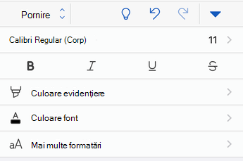 Opțiuni de formatare a fontului în Word pentru iOS.