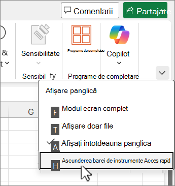 Comandă de la tastatură pentru a ascunde bara de instrumente Acces rapid