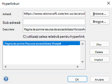 Caseta de dialog Hyperlinkuri din Visio pentru Windows.