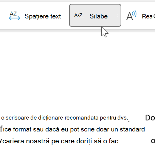 Captură de ecran a caracteristicii Silabă din Immersive Reader selectată și afișând câteva cuvinte dintr-un mesaj de e-mail separate în silabe. Recomandarea de cuvinte se afișează ca rec dot om dot men dot da dot tion