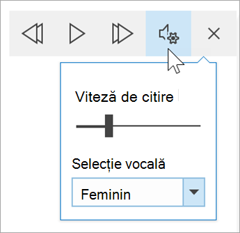 captură de ecran a barei de instrumente de opțiuni vocale din Immersive Reader. Mouse-ul trece peste setări, dezvăluind un comutator pentru viteza de citire și un set vertical pentru selectarea vocii