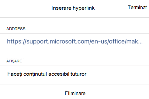 Caseta de dialog Inserare hyperlink din OneNote pentru iOS afișând textul afișat pentru link Faceți conținutul accesibil tuturor și URL-ului linkului său.