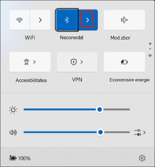 Butonul Gestionare dispozitive Bluetooth din Setări rapide.