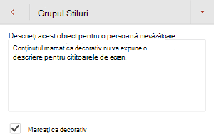 Caseta de dialog Text alternativ afișând caseta de selectare Marcați ca decorativ selectată în PowerPoint pentru Android.