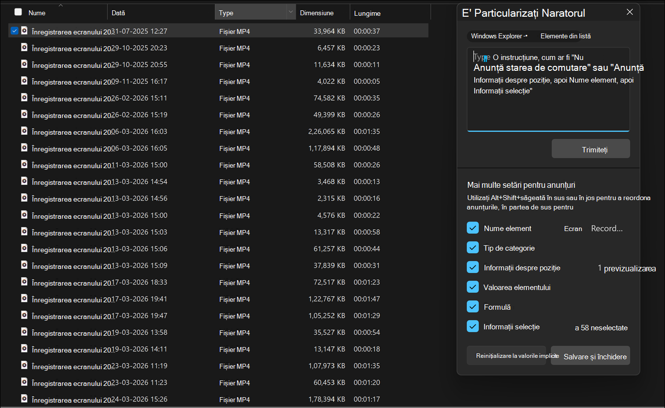 Interfață de utilizator afișând panoul de particularizare a Naratorului în Windows 11.