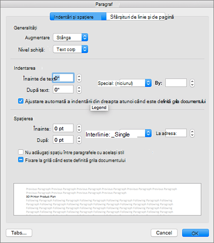 Caseta de dialog Paragraf în Outlook pentru Mac.