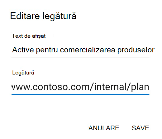 Caseta de dialog Editare link din Outlook pentru Android.
