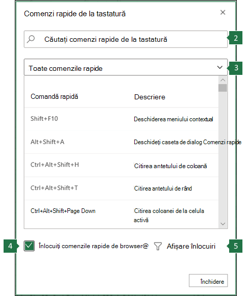 Înlocuiți comenzile rapide de browser în caseta de dialog Excel pentru web.