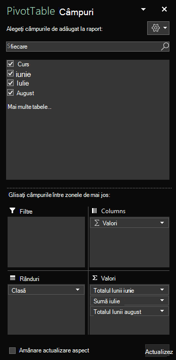 Panoul Câmpuri PivotTable deschis în Excel pentru Windows, afișând câmpurile de tabel selectate.