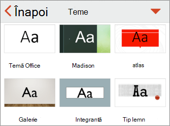 Meniul Teme din PowerPoint pentru iOS.