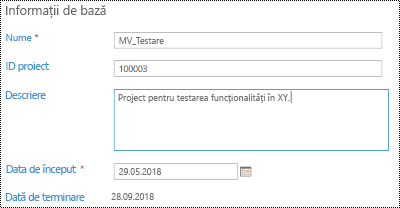 Descrierea proiectului în Project Online.