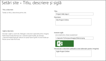Textul alternativ al descrierii site-ului și al siglei site-ului în Project Online