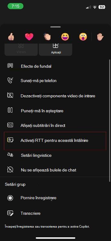 Mai multe acțiuni pentru întâlnirea Teams pe iOS.