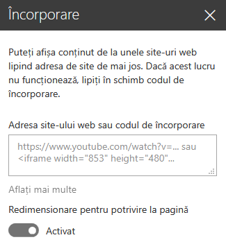 Captură de ecran a casetei de dialog Cod încorporat în SharePoint.