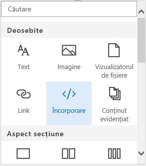 Captură de ecran a meniului conținut Încorporare în SharePoint.
