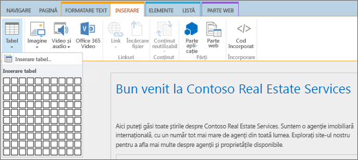 Captura de ecran afișează panglica SharePoint Online. Selectați fila Inserare, apoi selectați Inserare tabel pentru a specifica numărul de rânduri și coloane pentru un tabel nou.
