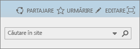 Captura de ecran prezintă o secțiune a panglicii SharePoint Online, cu controalele Partajare, Urmărire și Editare, plus caseta Căutare.