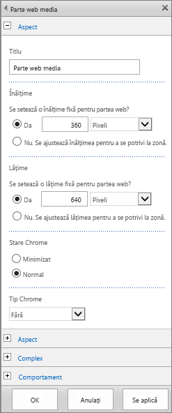 Captură de ecran a casetei de dialog Parte web media în SharePoint Online pentru a specifica setările legate de Înfățișare, Aspect, Complex și Comportament pentru fișiere media. Se afișează opțiunile pentru Înfățișare, inclusiv titlul, înălțimea, lățimea, starea Chrome și tipul.