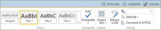 Captură de ecran cu o secțiune a panglicii SharePoint Online, cu controalele Partajare, Urmărire și Salvare.