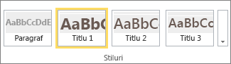 Captură de ecran cu grupul Stiluri de pe panglica SharePoint Online, cu stilul Titlu 1 selectat.