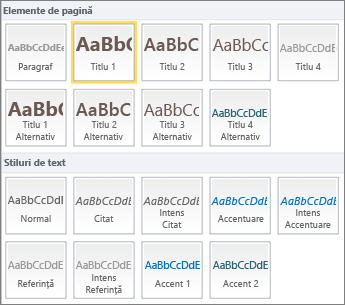 Capturile de ecran cu Elemente de pagină și Stiluri de text sunt disponibile în grupul Stiluri din panglica SharePoint Online.