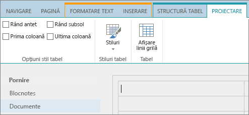 Captură de ecran cu panglica SharePoint Online. Utilizați fila Proiectare pentru a bifa casetele de selectare pentru rândul antet, rândul subsol, prima coloană și ultima coloană dintr-un tabel, apoi selectați din stilurile de tabel și indicați dacă tabelul utilizează linii de grilă.