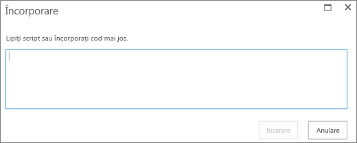Captură de ecran a casetei de dialog Încorporare în SharePoint Online pentru a lipi scriptul sau codul încorporat pentru fișiere video sau audio, apoi a insera codul.