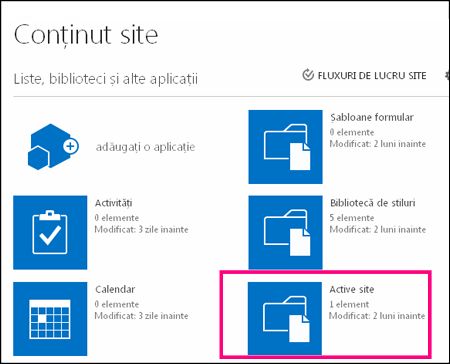 Pagina Conținut site pe site-ul simplu din SharePoint Online, evidențiind dala Active site