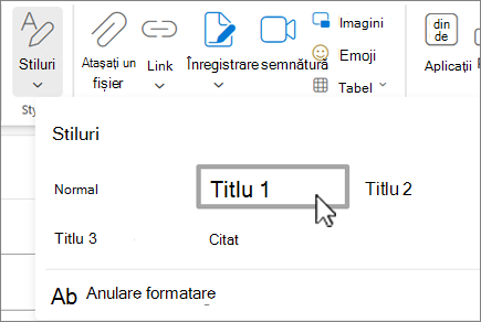 Meniul Stiluri din Outlook pe web.