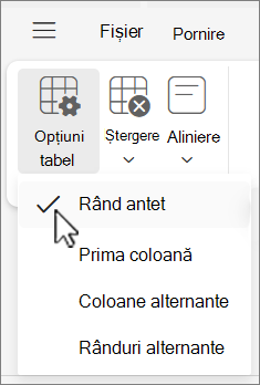 Meniul de opțiuni tabel afișând opțiunea Rând antet selectată în Outlook pe web.