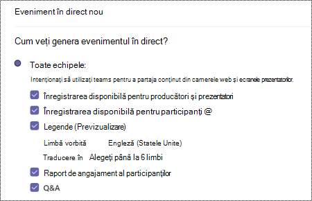 Caseta de dialog pentru a selecta opțiunea Întrebări și răspunsuri pentru evenimentul în direct Teams atunci când planificați un eveniment.