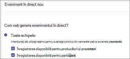 Casetă de dialog pentru a selecta opțiunile de înregistrare pentru un eveniment Teams în direct atunci când planificați evenimentul.