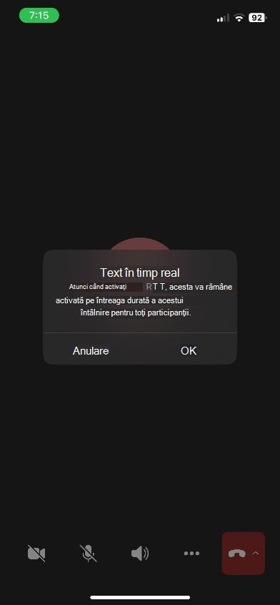 Fereastra întâlnirii Teams cu panoul RTT în partea de jos, pe dispozitivul iOS.
