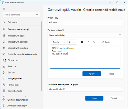 Creați o nouă pagină de comenzi rapide cu un exemplu de adresă completat în caseta de editare Lipire text și media. Este un exemplu pentru a păstra Adresa ca un shorctcuty.