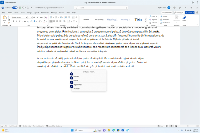 Un document Word care afișează fereastra de corecții cu candidații pentru textul cereale.