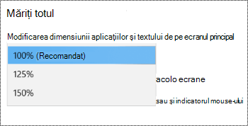 Pagina de setări de afișare Windows de sub setările Simplificare acces afișând opțiunea Măriți totul cu meniul vertical extins.