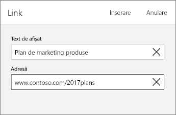 Comanda Link, afișând textul și adresa