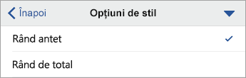 Comanda Opțiuni stil extinsă, cu Rând antet selectat