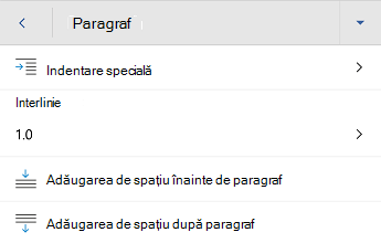 Word pentru Android meniul de formatare a paragrafelor