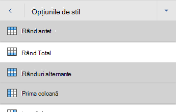 Word pentru Android meniu de opțiuni stil tabel