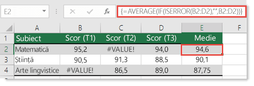 Funcția matrice din AVERAGE pentru a rezolva eroarea #VALOARE!