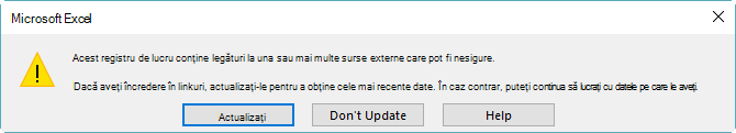 Caseta de dialog Referințe întrerupte din Excel