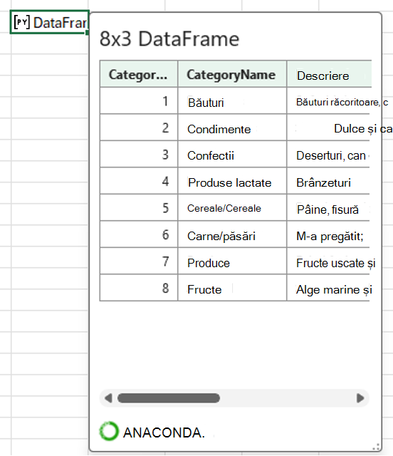 O fișă deschisă Python în Excel DataFrame care afișează datele de categorie.