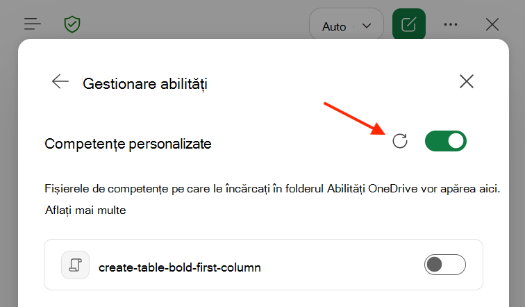 Captură de ecran a casetei de dialog Competențe personalizate Copilot în Excel, cu butonul Reîmprospătare evidențiat.