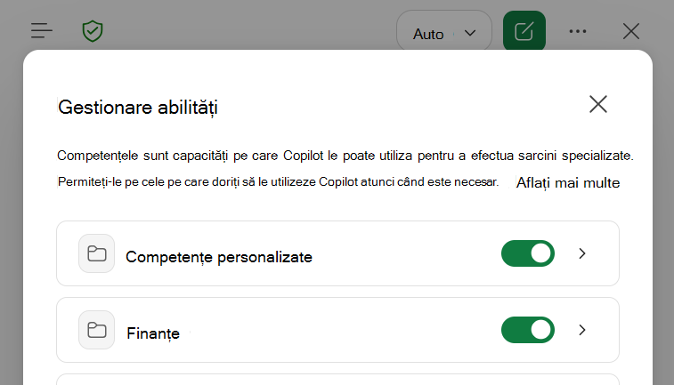 Captură de ecran a casetei de dialog Gestionare abilități Copilot în Excel.
