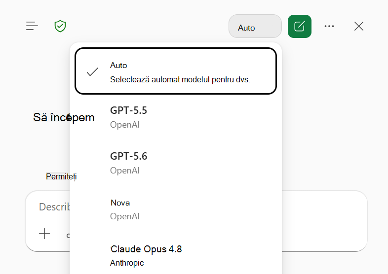 Captură de ecran a meniului selector de model Copilot în Excel, cu opțiunea Automat selectată.